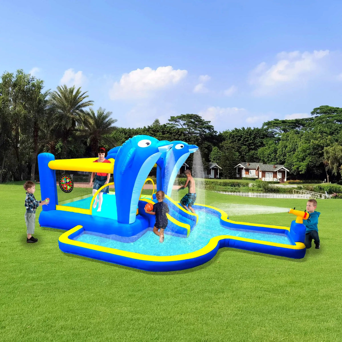 8-In-1 Inflatable Water Park | Bounce House Slide And Pool | Sprinkler Water Gun | Basketball Hoop