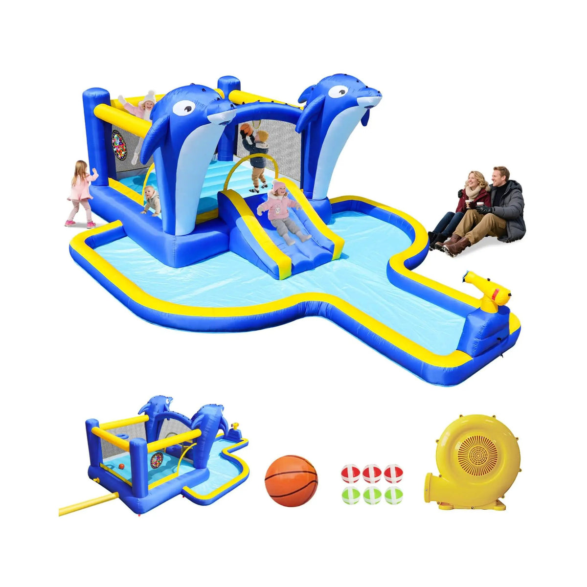 8-In-1 Inflatable Water Park | Bounce House Slide And Pool | Sprinkler Water Gun | Basketball Hoop