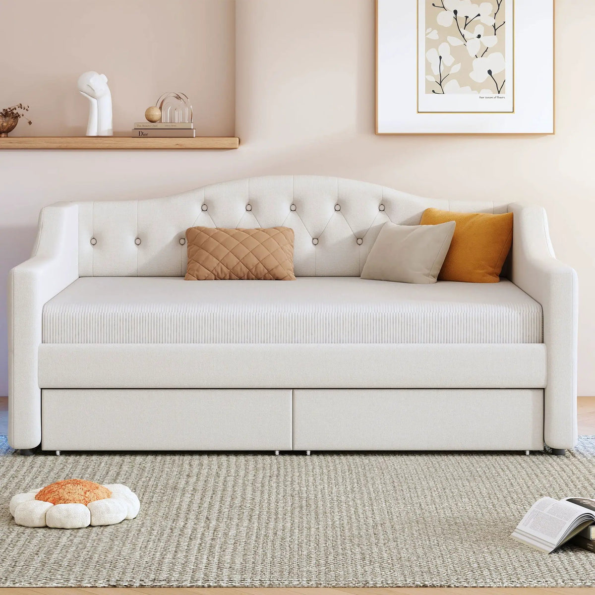 Daybed With LED Lights | Upholstered Trundle Daybed | Thickly Padded Sponge | 84 Inch Length