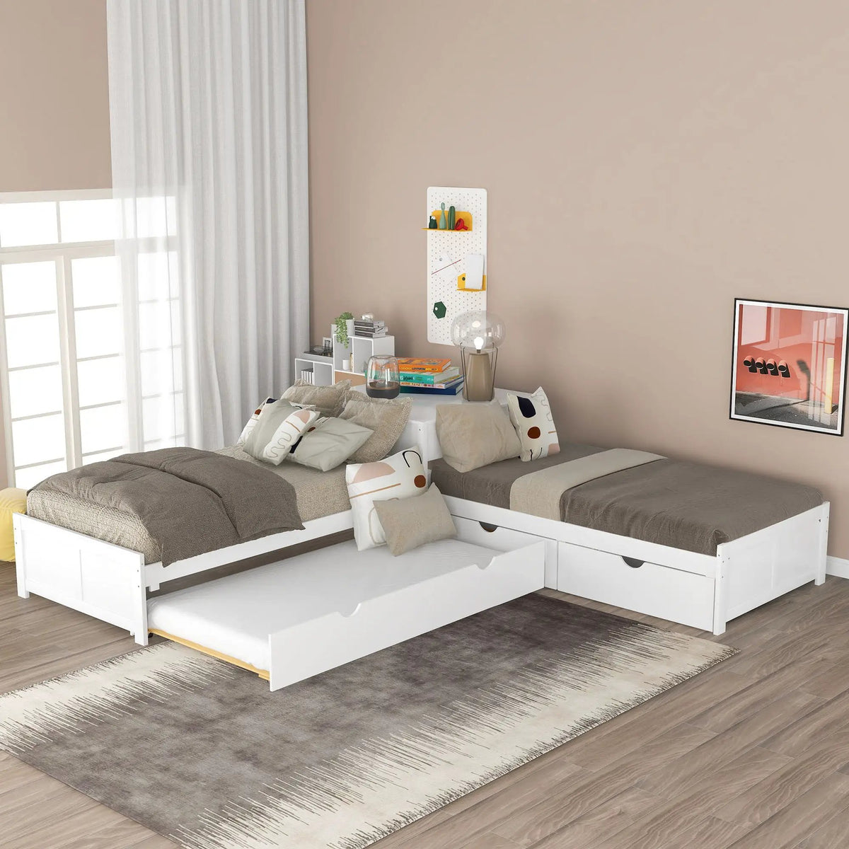 L Shaped Platform Bed | Built In Desk | Trundle With Drawers | Twin Size