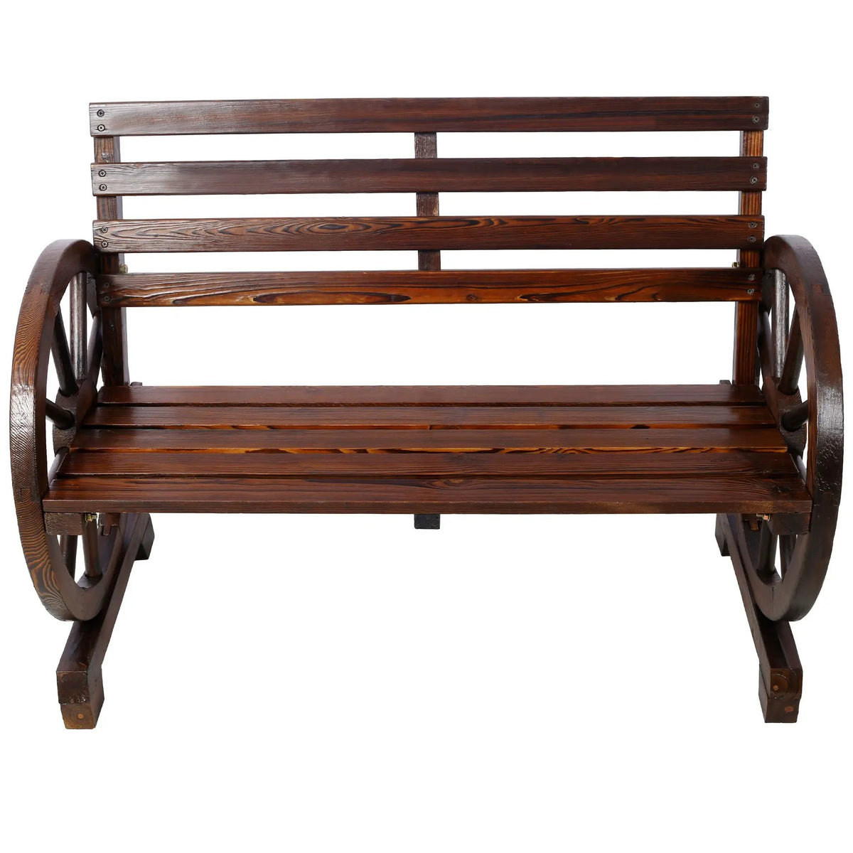 Outdoor Wagon Wheel Bench | Solid Fir Wood | 2 Person | Dark Brown