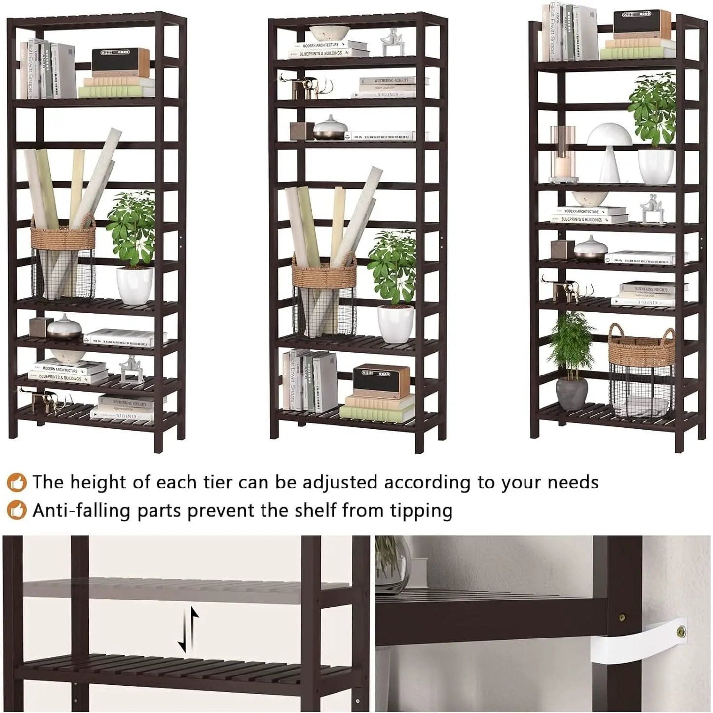 6-Tier Bamboo Bookcase Espresso 63.4 Inch Tall Freestanding Shelf from PriceLows™