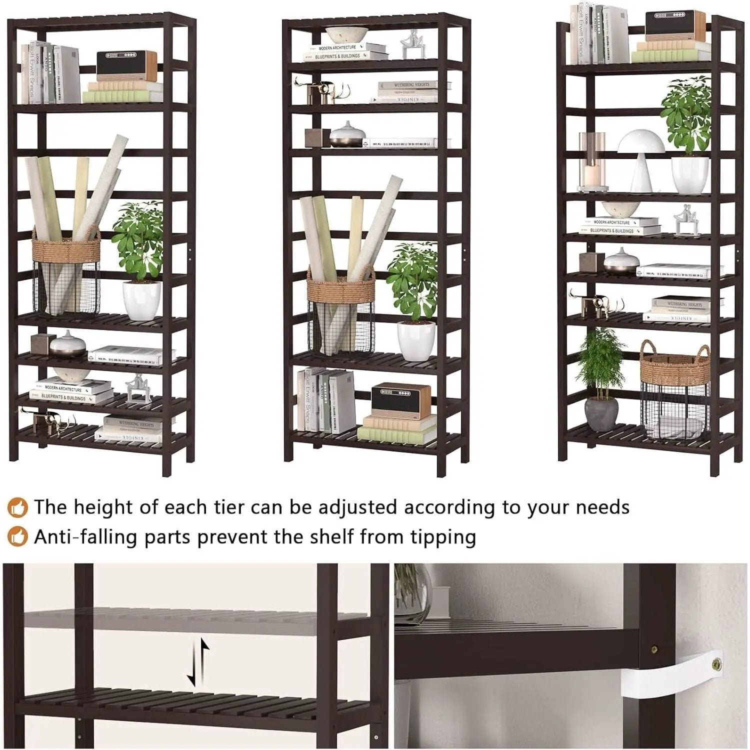 6-Tier Bamboo Bookcase Espresso 63.4 Inch Tall Freestanding Shelf from PriceLows™