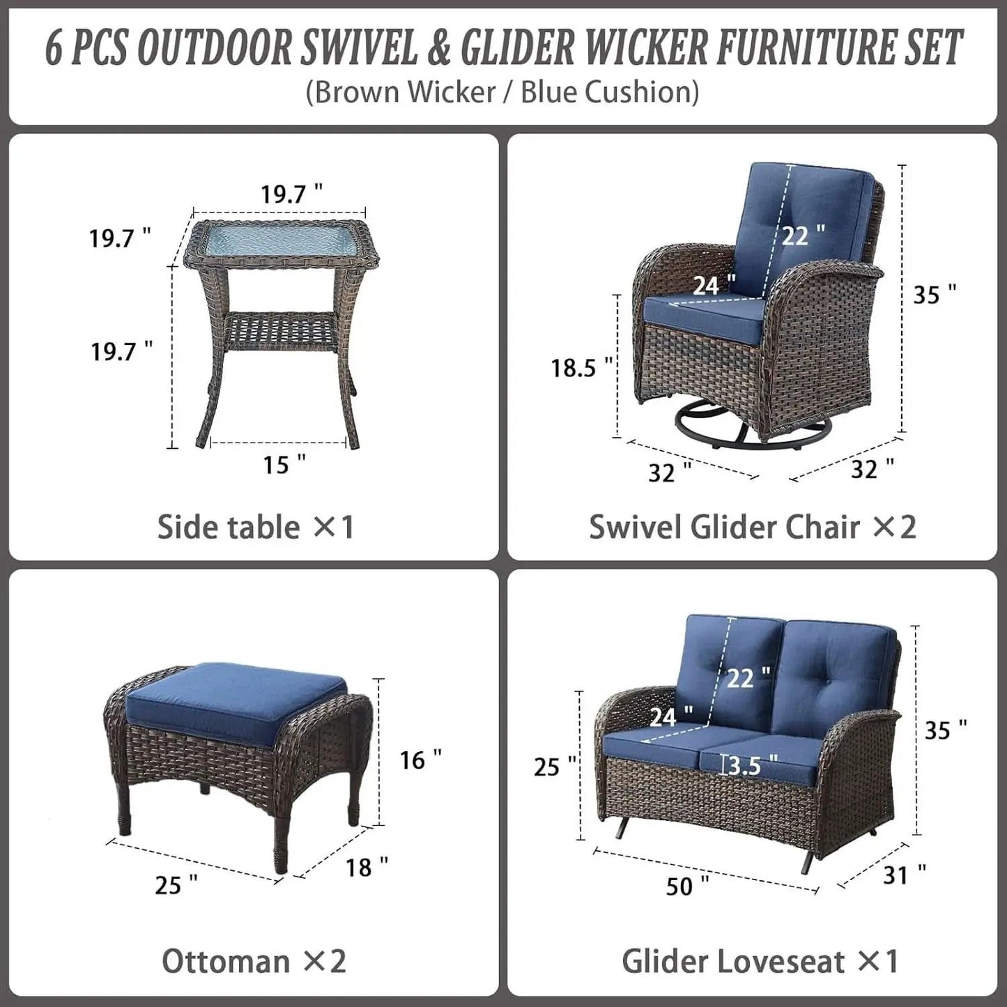6 Piece Patio Conversation Set Brown Wicker Blue Cushions from PriceLows™