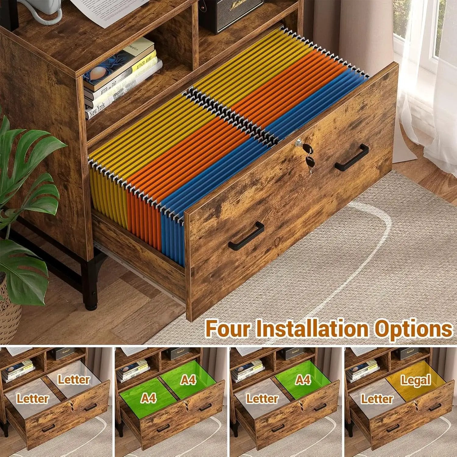 File Cabinet With Charging Station Lockable Vertical Filing Cabinet Rustic Brown from PriceLows™