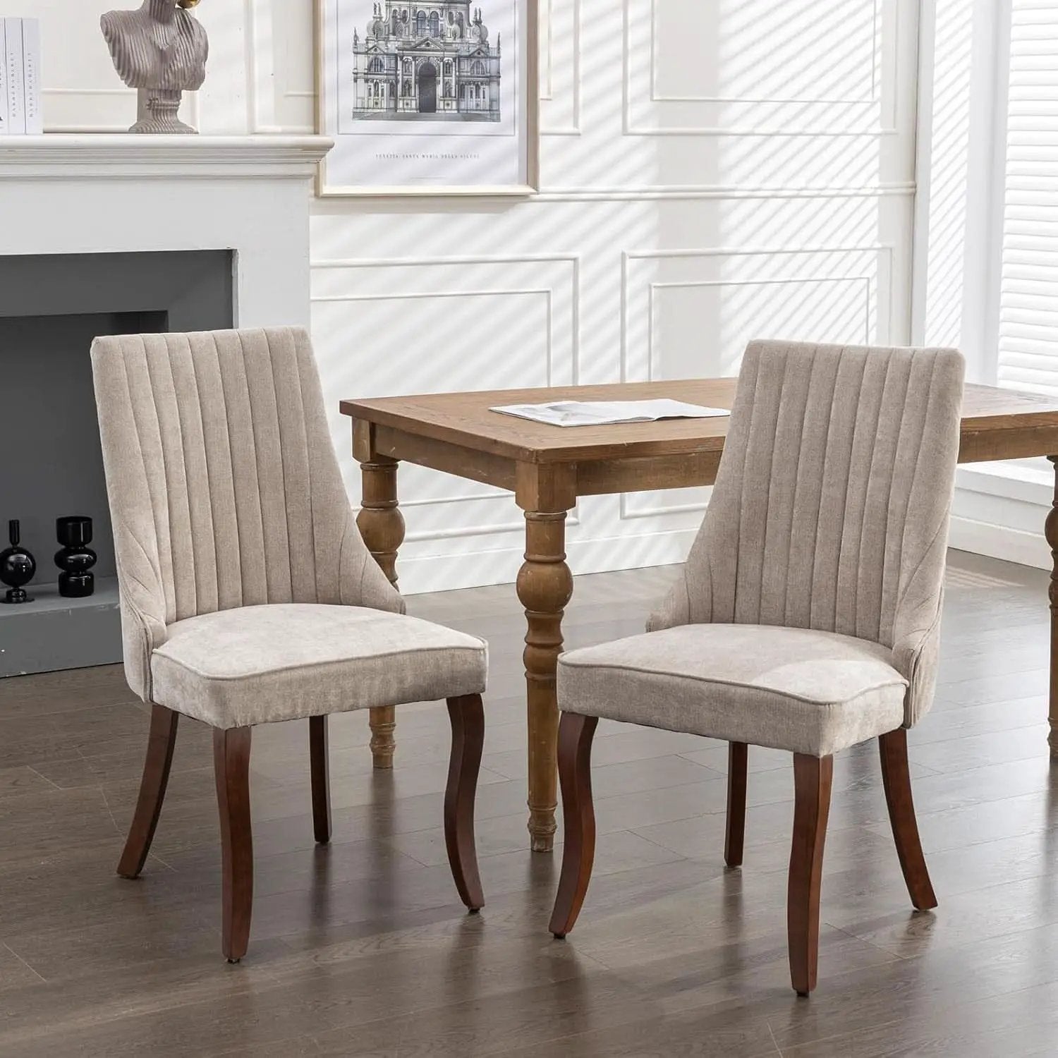 Beige Upholstered Dining Chairs 2 Pack Curved Wood Legs from PriceLows™