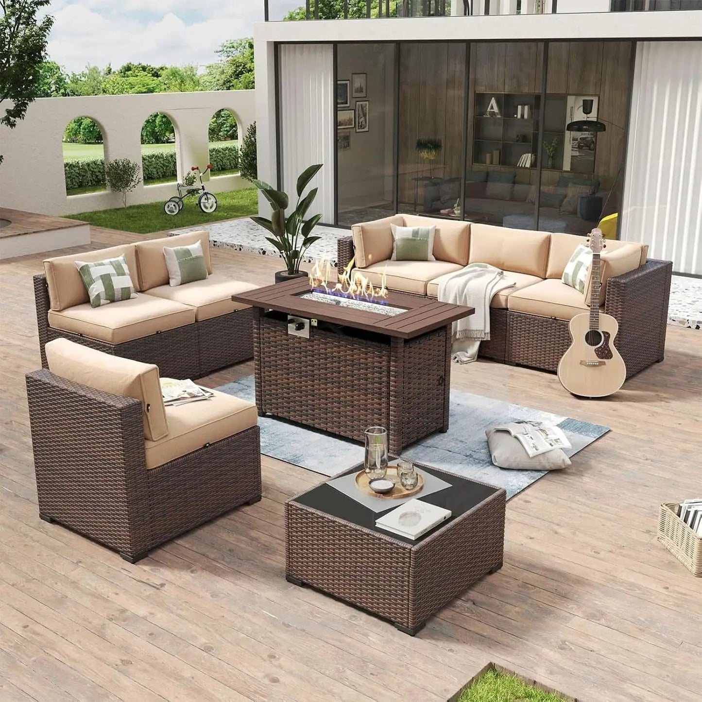 Eight Piece Outdoor Patio Furniture Set with Fire Pit from PriceLows™