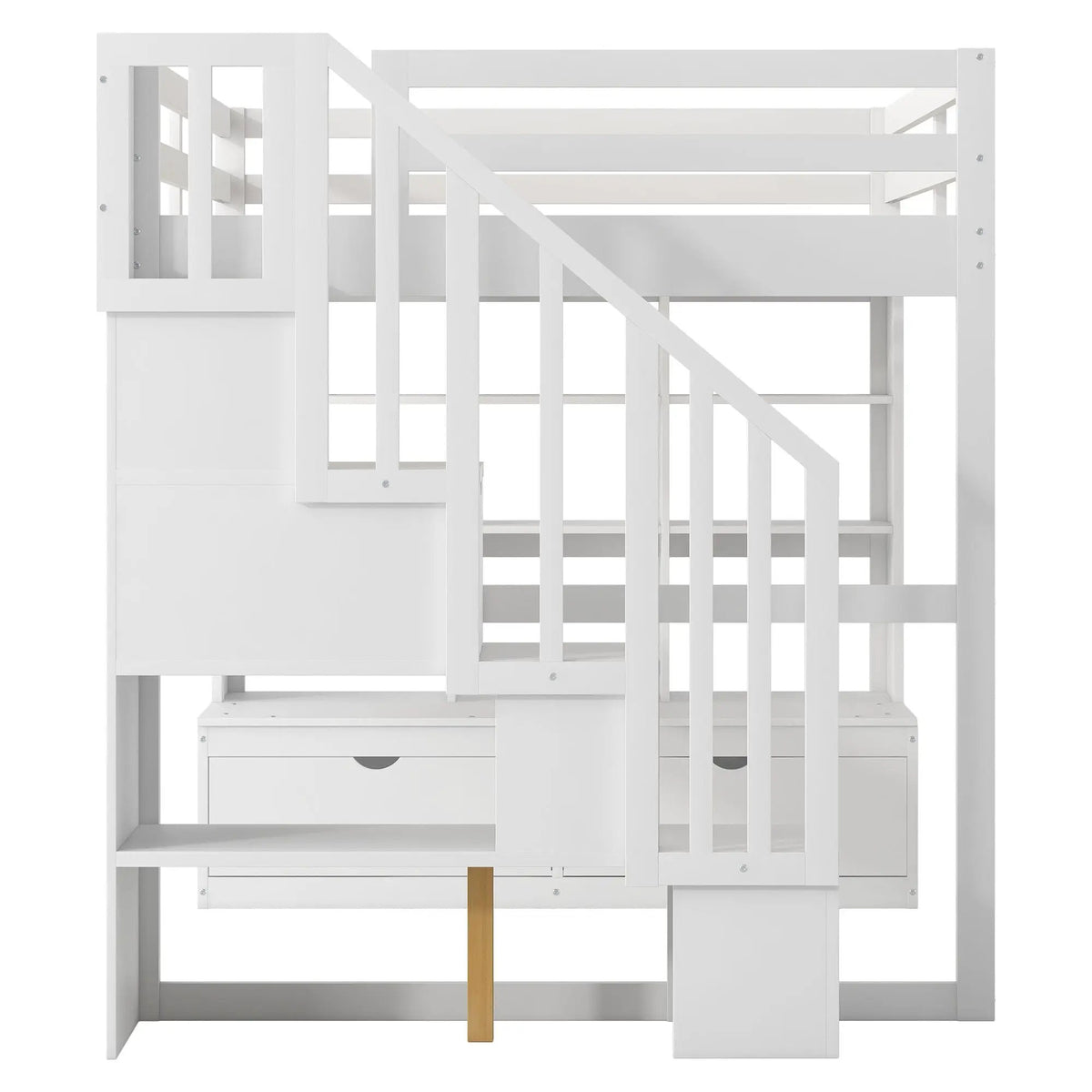Full Size Loft Bed | Desk And Shelves | Storage Staircase | White