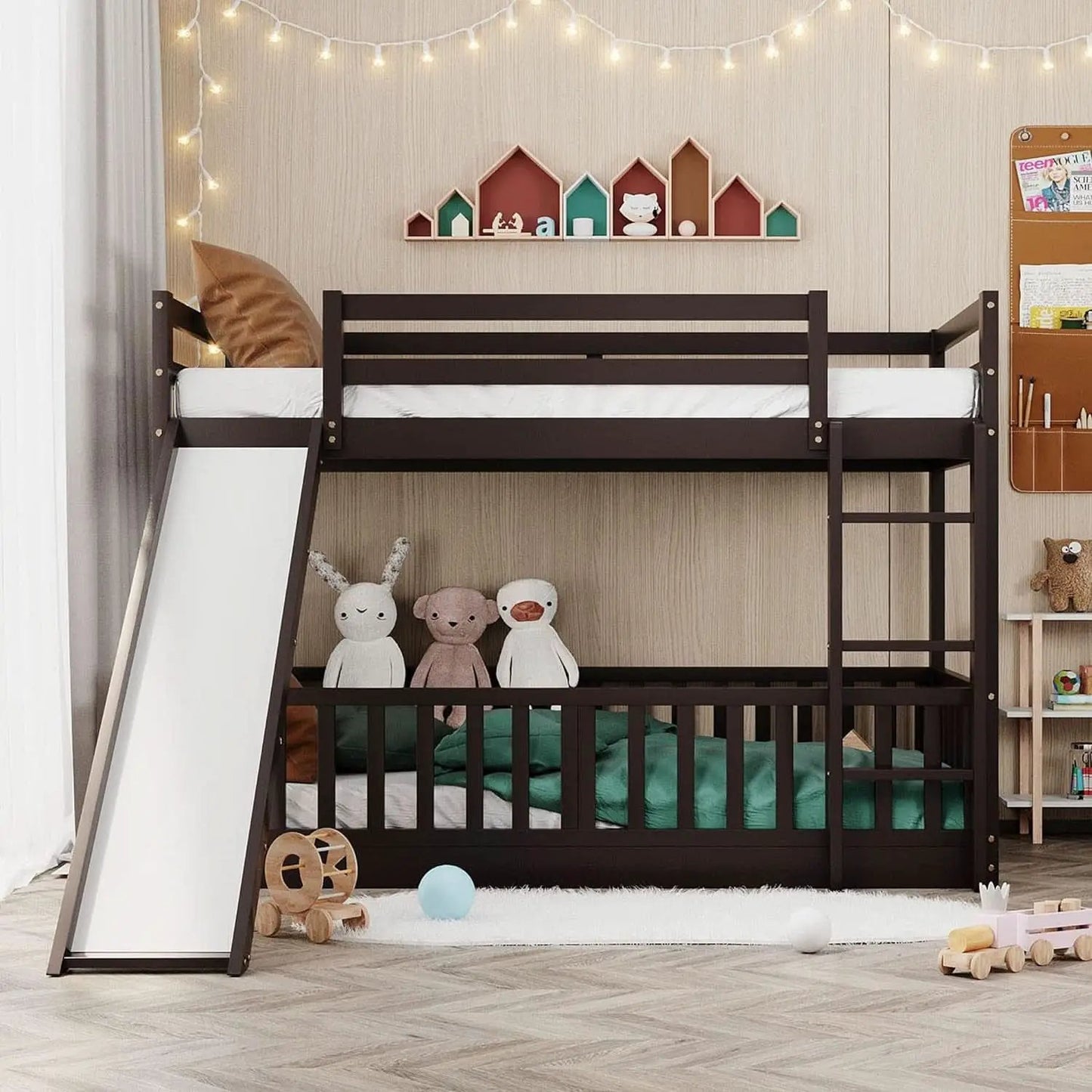 Twin Over Twin Floor Bunk Bed With Slide And Ladder from PriceLows™