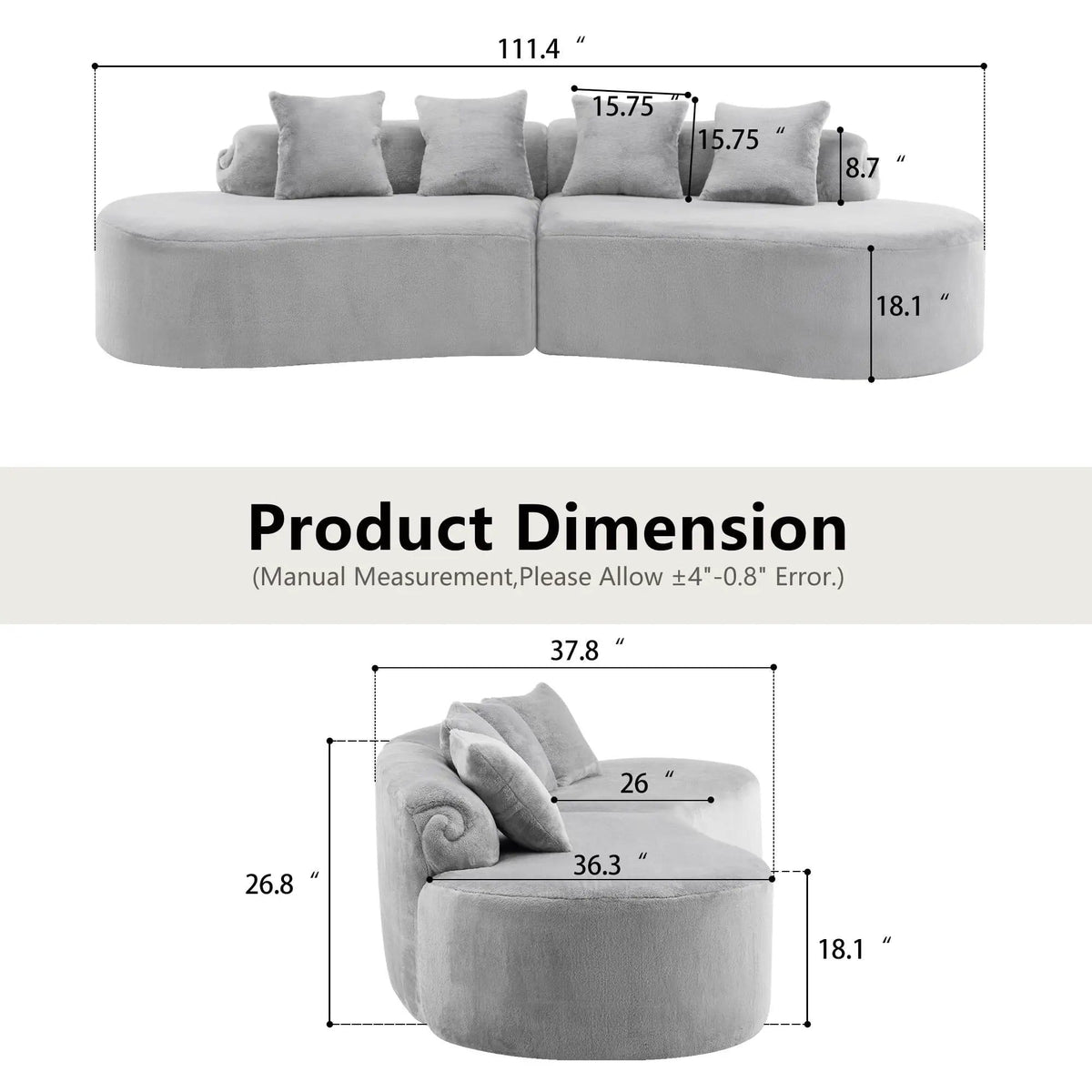 Modern Curved Sofa With Pillows | 111.4 x 37.8 x 26.8 in | Fabric | Living Room
