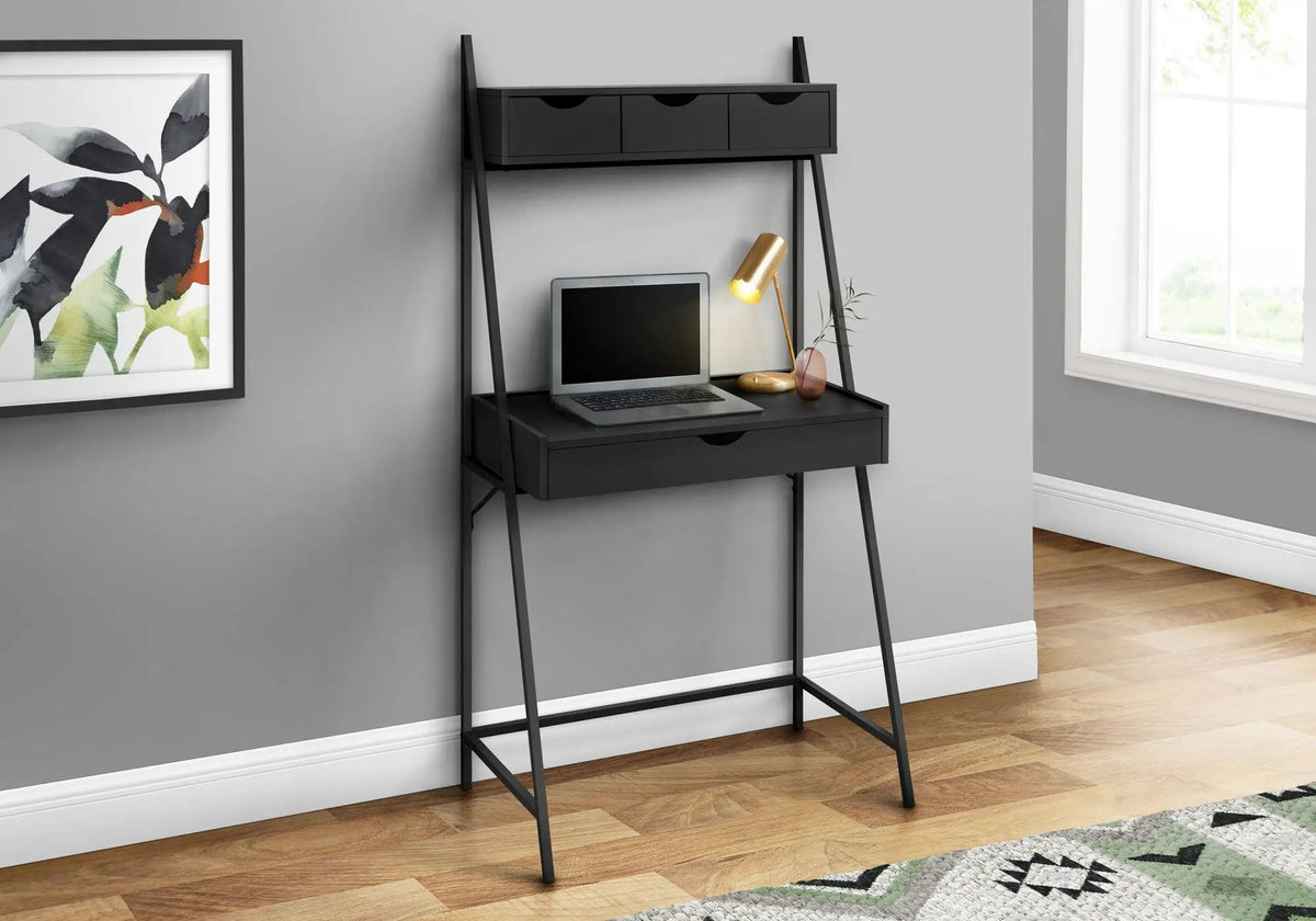 Leaning Computer Desk | 61.25 Inch Height | Long Storage Drawer | Strong Metal Frame