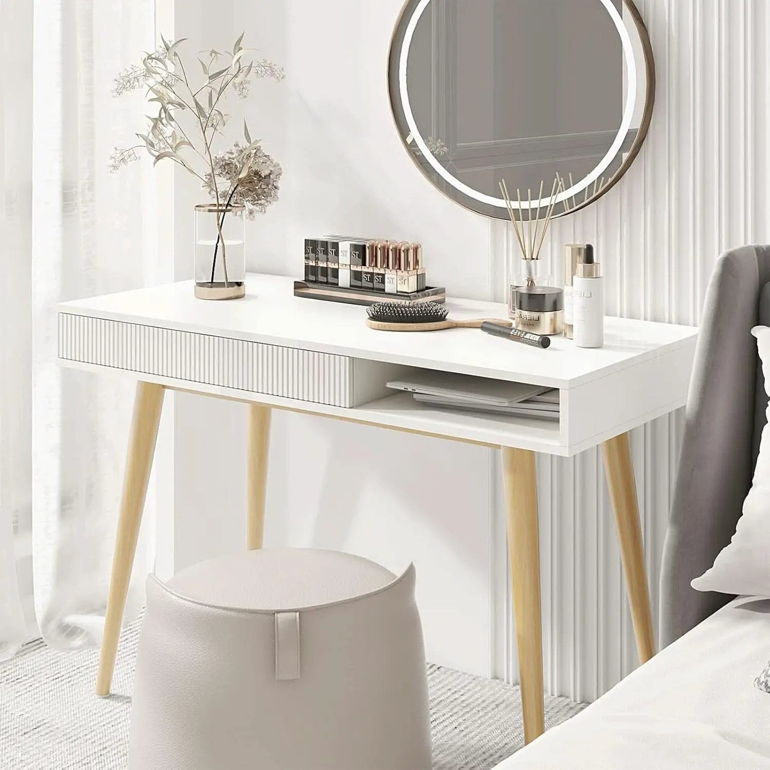 White Mid Century Modern Desk With Hidden Drawer For Home Office from PriceLows™