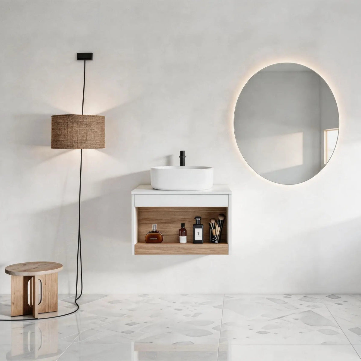Floating Bathroom Vanity | Round Glossy Sink | Wall Mounted | Compact Design