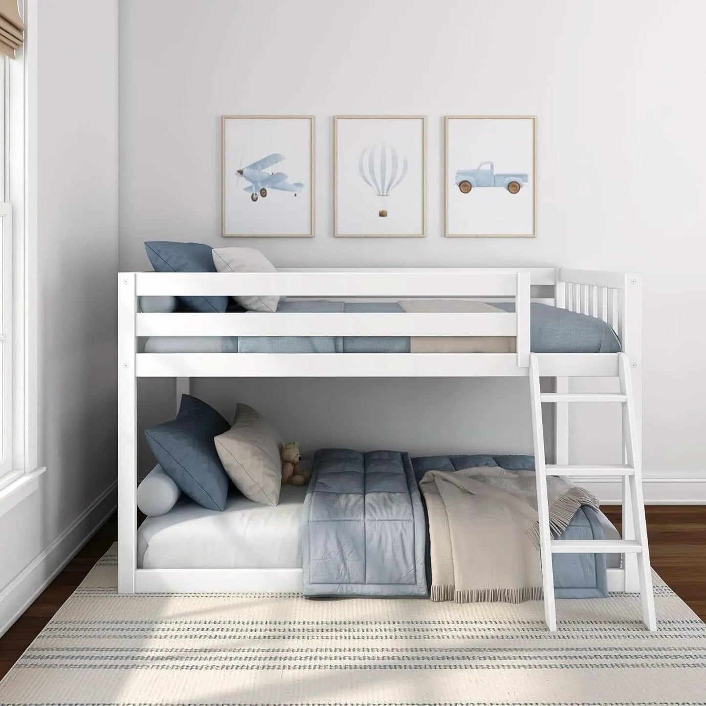White Twin Low Bunk Bed Solid Wood Frame For Kids Safe from PriceLows™