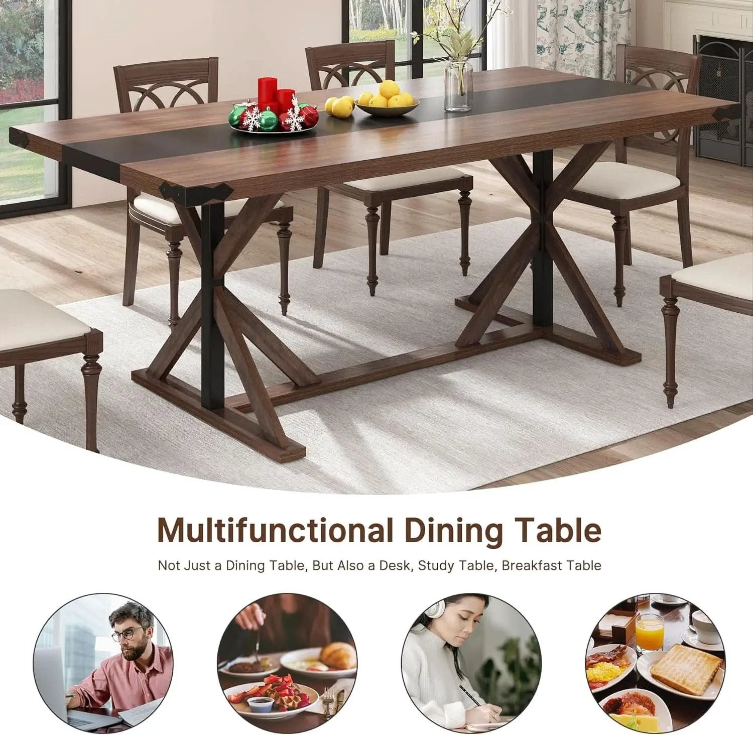71 Inch Farmhouse Dining Table Waterproof Wood Grain Top from PriceLows™