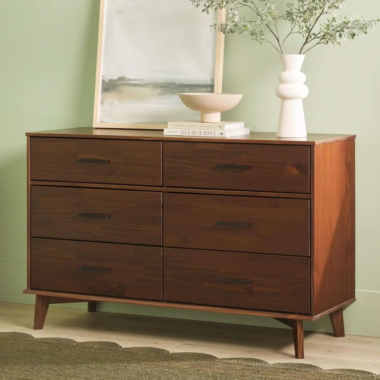 6 Drawer Solid Pine Wood Dresser With Walnut Finish from PriceLows™