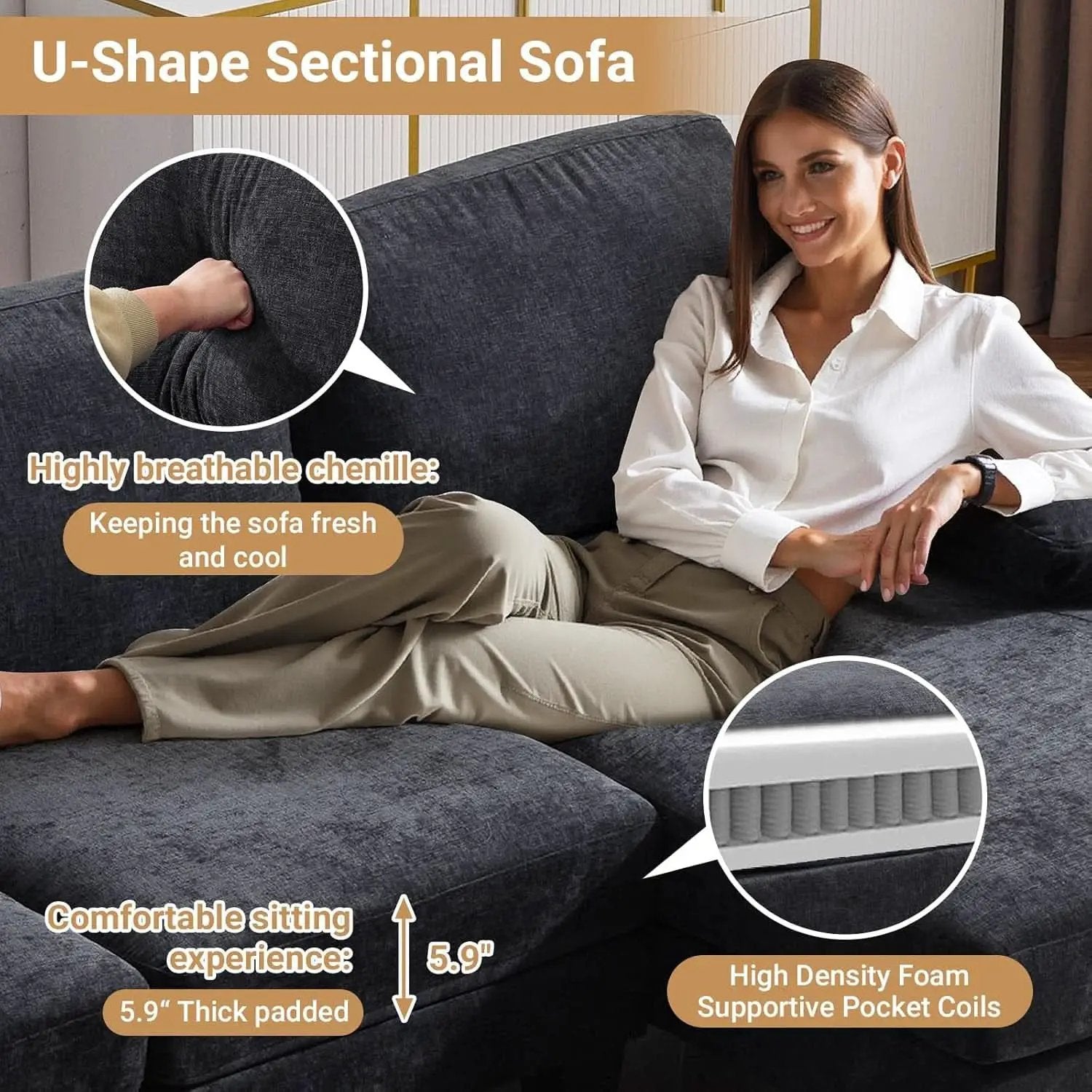 110 Inch U Shaped Sectional Couch For Living Room With Double Chaise In Chenille Fabric Black from PriceLows™