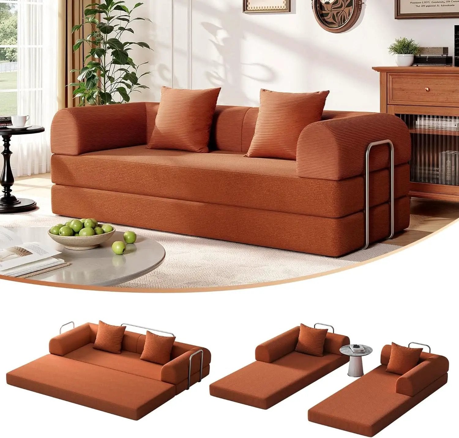 79 Inch Convertible Sofa Bed Orange CorduroyPillows from PriceLows™