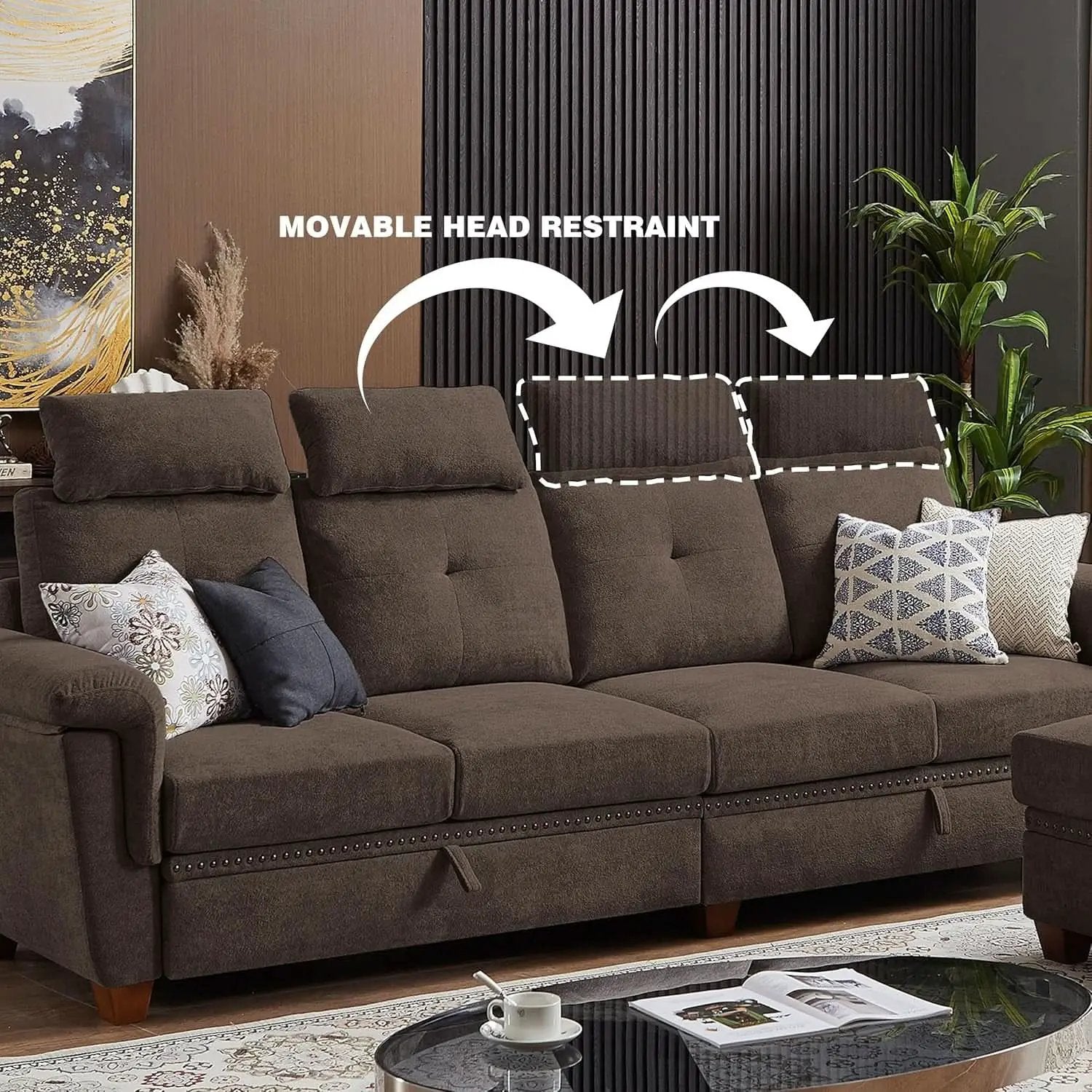 110 Inch Convertible Sectional Sofa With Storage Microfiber L Shaped Couch Ottoman Cup Holders from PriceLows™