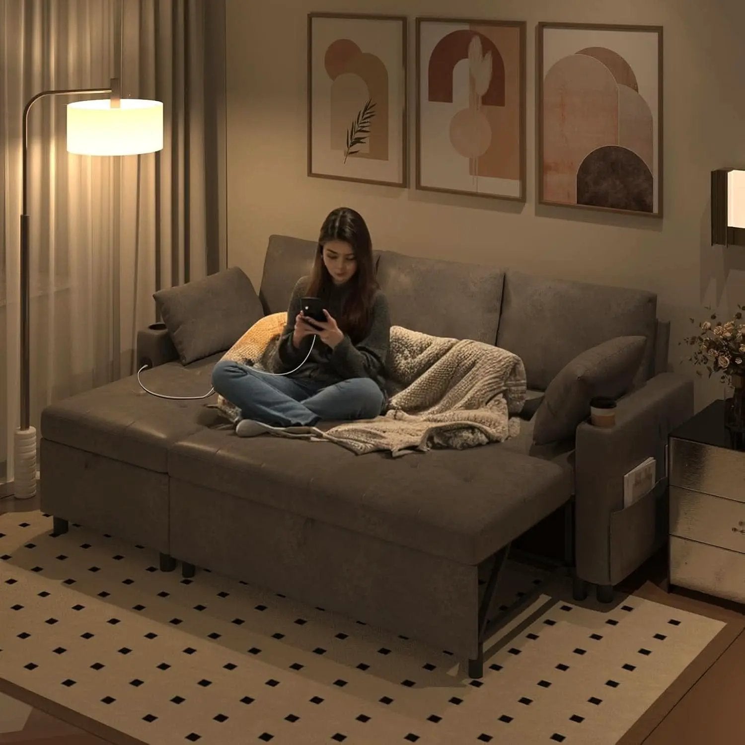 Charcoal Gray Sleeper Sofa With Reversible Storage Chaise from PriceLows™