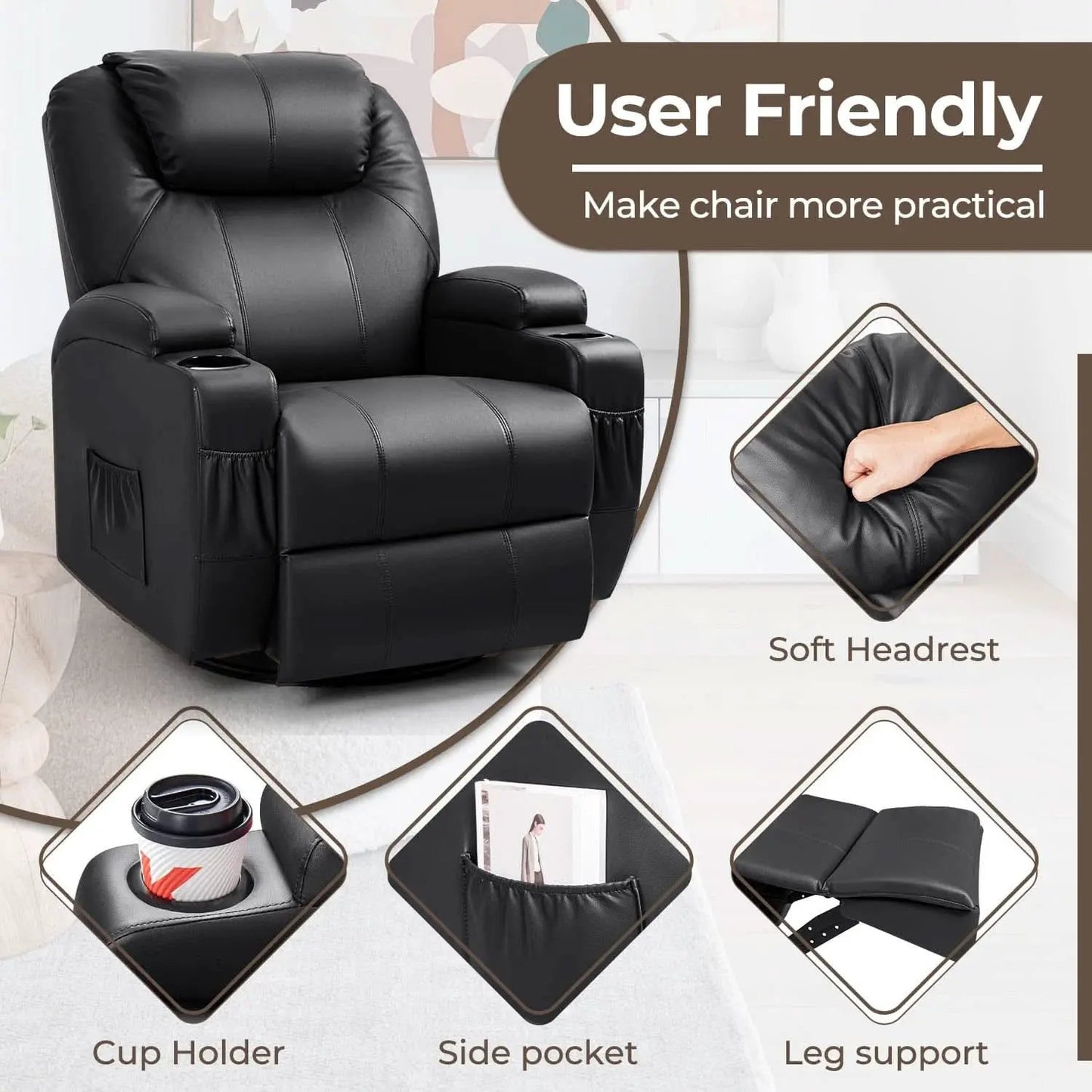 Leather Rocking Recliner With Massage And Heat Swivel from PriceLows™