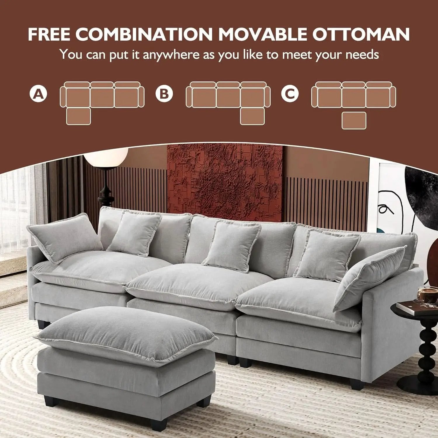 111 Inch L Shaped Modern Glam Sofa Sectional With Ottoman Cloud Foam Cushions Grey Chenille from PriceLows™