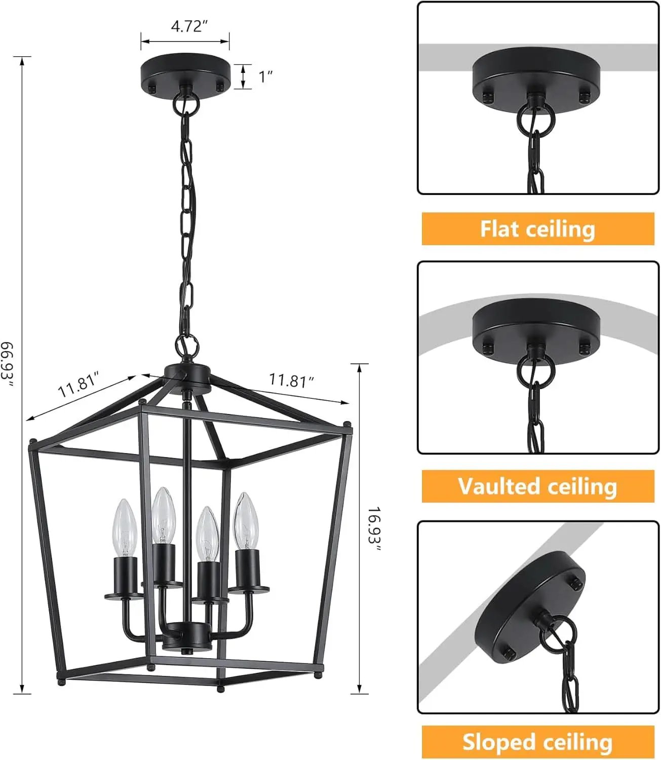 UL Black Industrial Lantern Chandelier 4 Light Pendant from PriceLows™