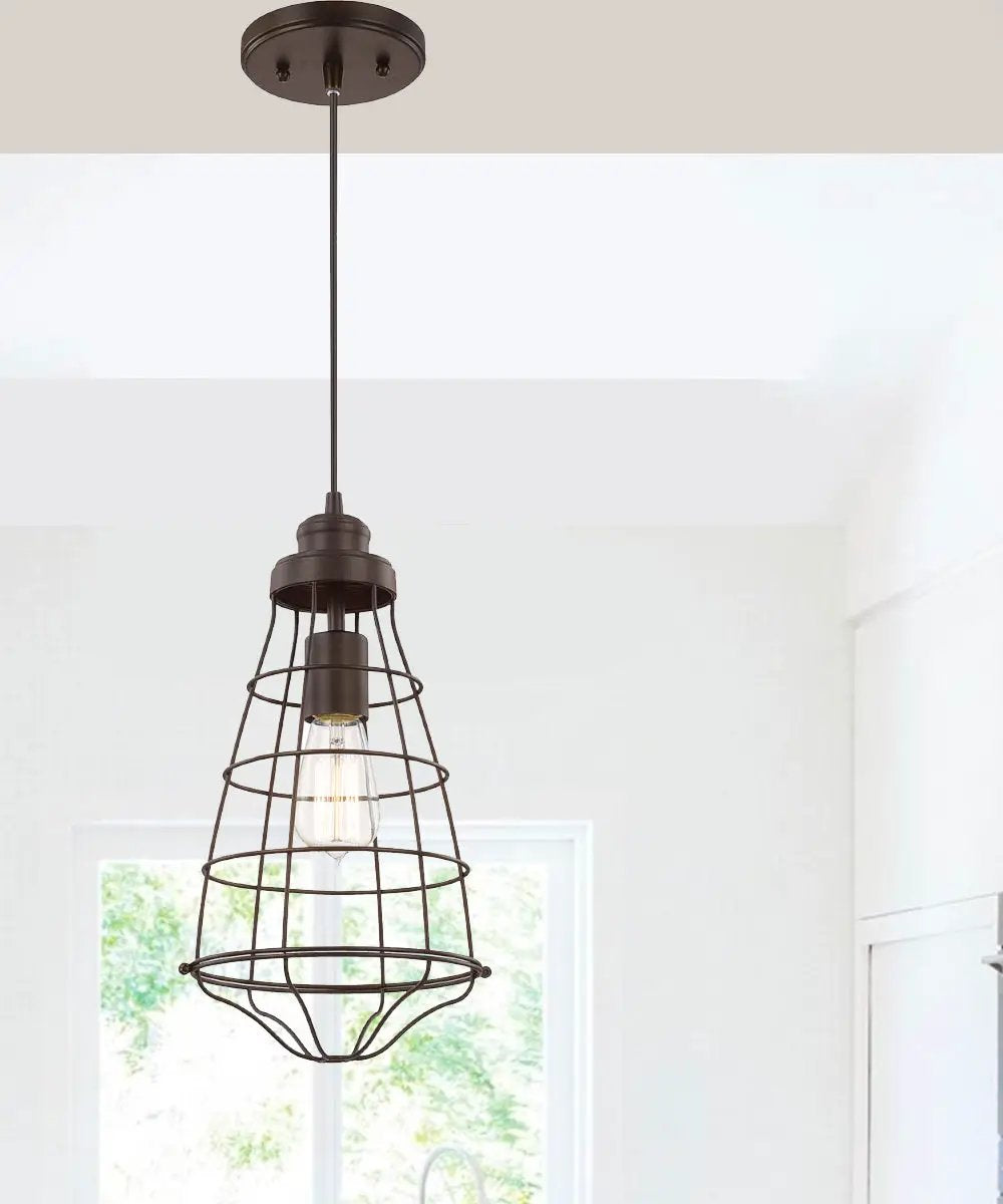 1 Light Pendant | 8 Inch Wide | Burnished Bronze Industrial Cage Design
