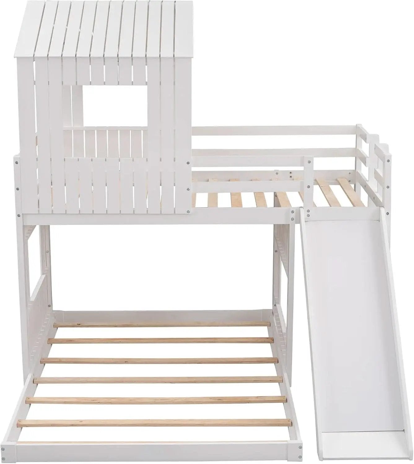 Twin Over Full Bunk Bed With Slide With Guardrails White from PriceLows™