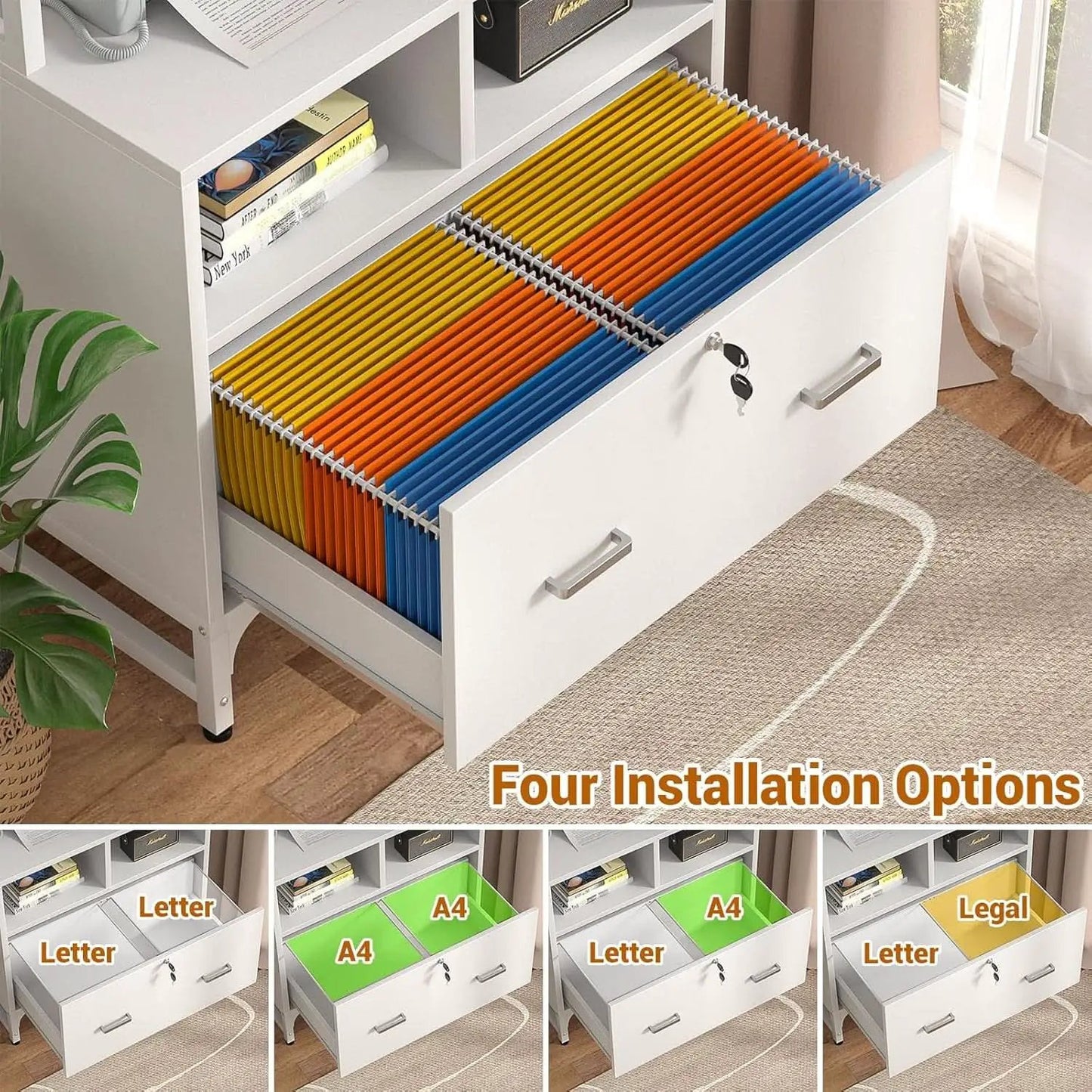 White Printer Stand With Locking File Cabinet And Charging Station from PriceLows™