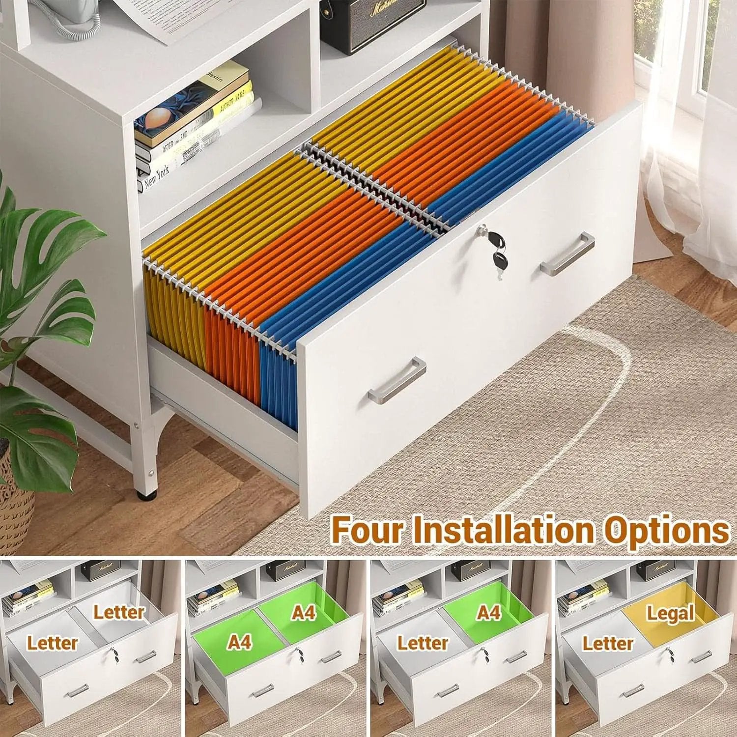 White Printer Stand With Locking File Cabinet And Charging Station from PriceLows™