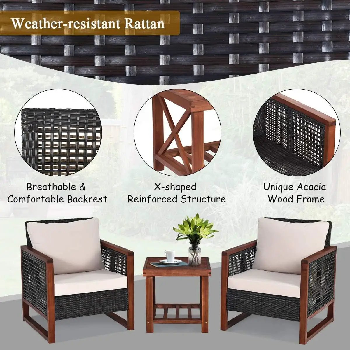 3 Piece Patio Wicker Furniture Set With Beige Washable Cushions And Acacia Wood Coffee Table from PriceLows™
