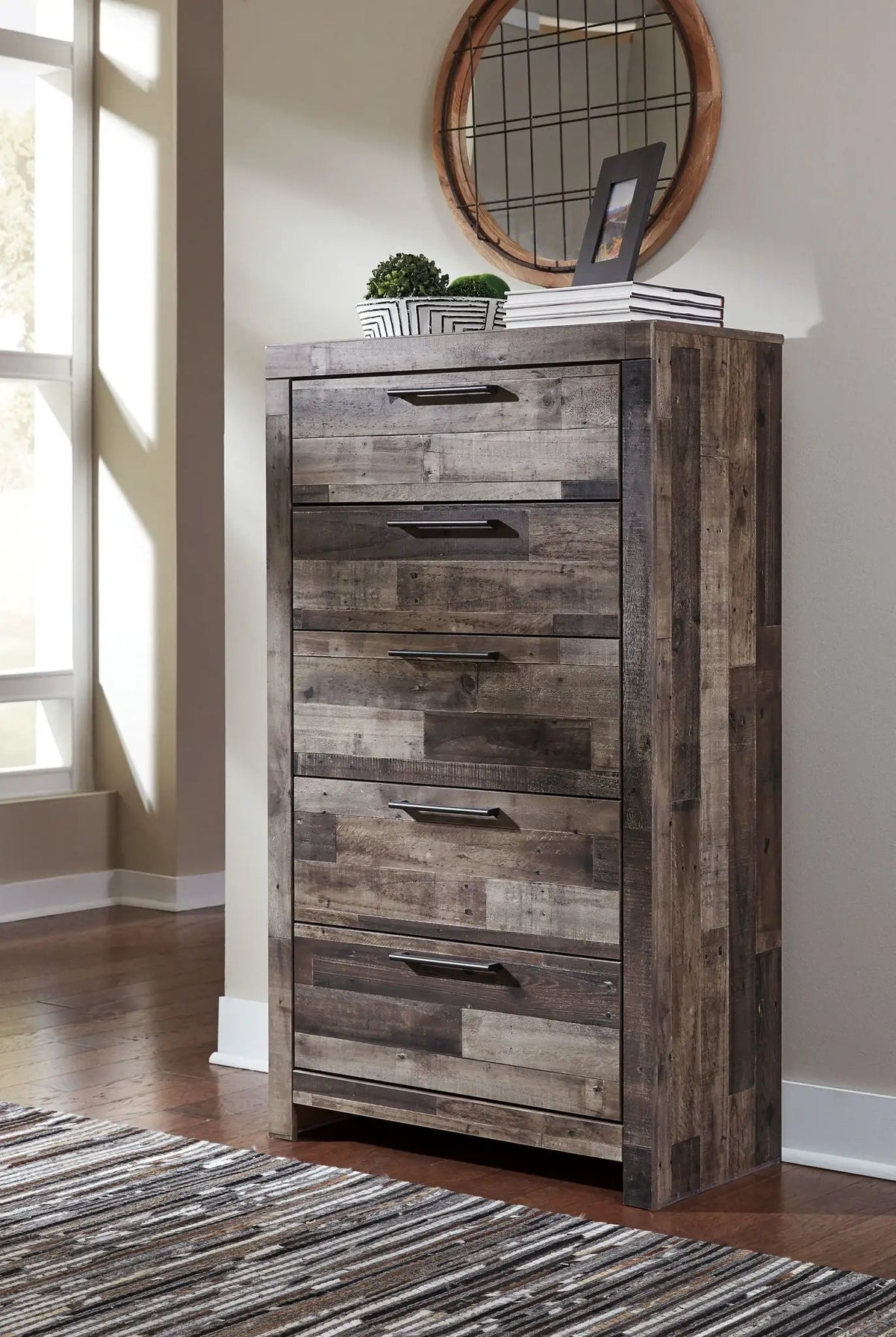 Derekson Panel Bedroom Set | 4-Piece | Rustic Butcher Block Finish | Replicated Pine Grain