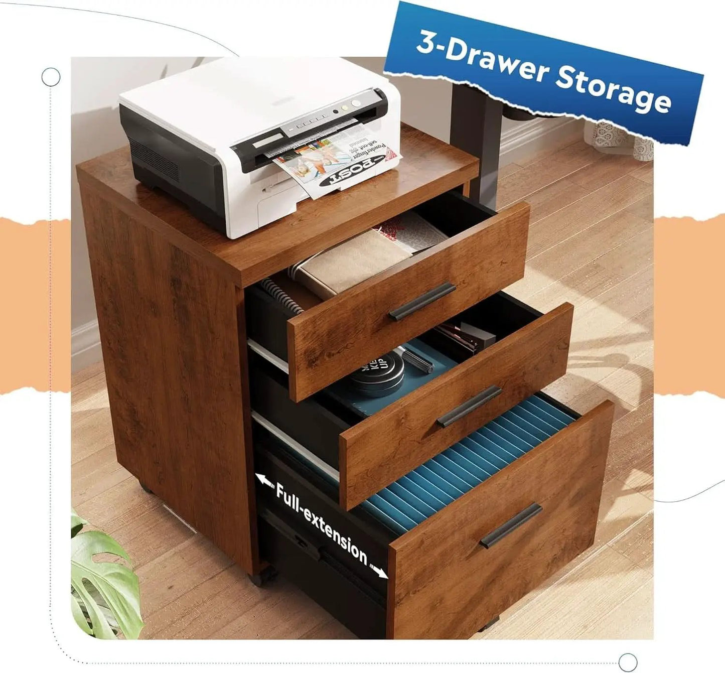 Walnut 3 Drawer File Cabinet For Home Office Under Desk With Rolling Wheels Printer Stand from PriceLows™