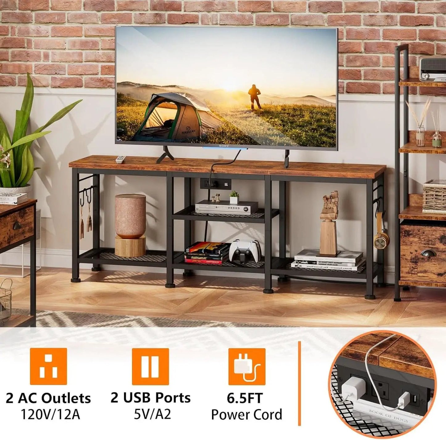 Rustic Brown TV Stand With Power Outlets For 55 Inch TVs from PriceLows™