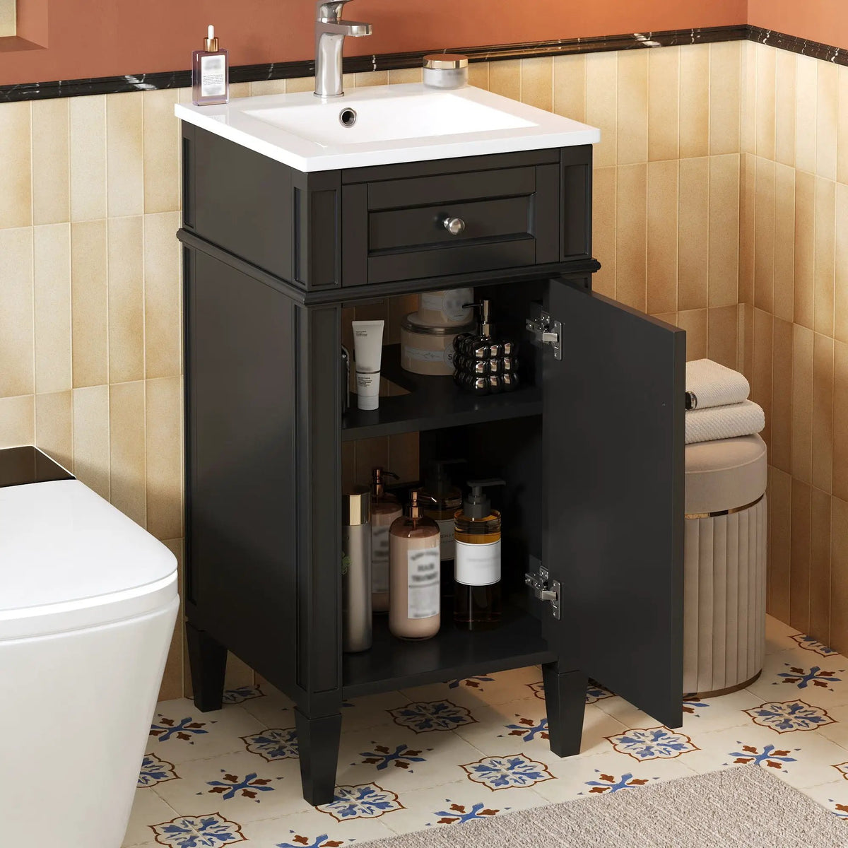 French Style Bathroom Vanity | Integrated Ceramic Sink | Fluted Panels | Solid Wood Legs