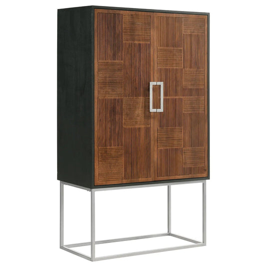 Borman 2-door Home Bar Cabinet Wine Storage Walnut and | 36 x 18 x 63.5 in | Mango Wood & Walnut | Black