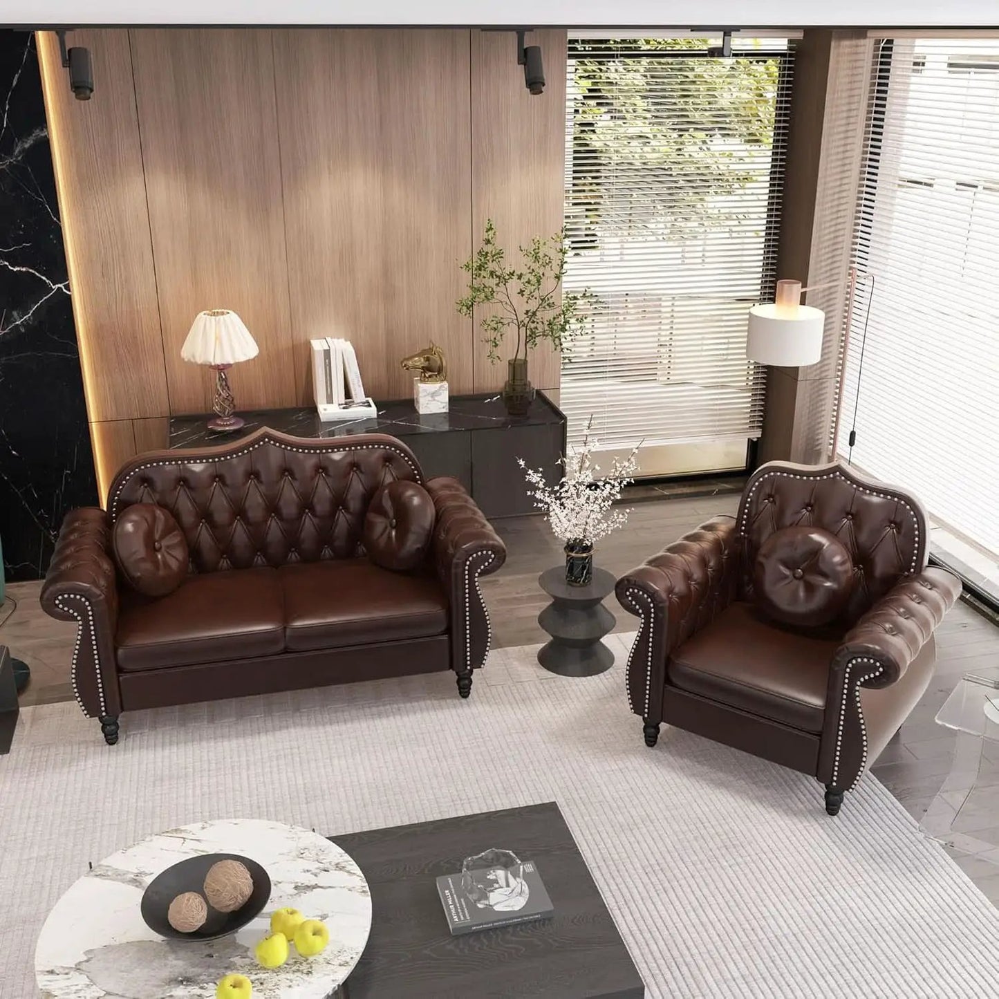 2 Piece Living Room Set Mid-Century Modern Chesterfield Chair Loveseat in Brown PU Leather Edition from PriceLows™
