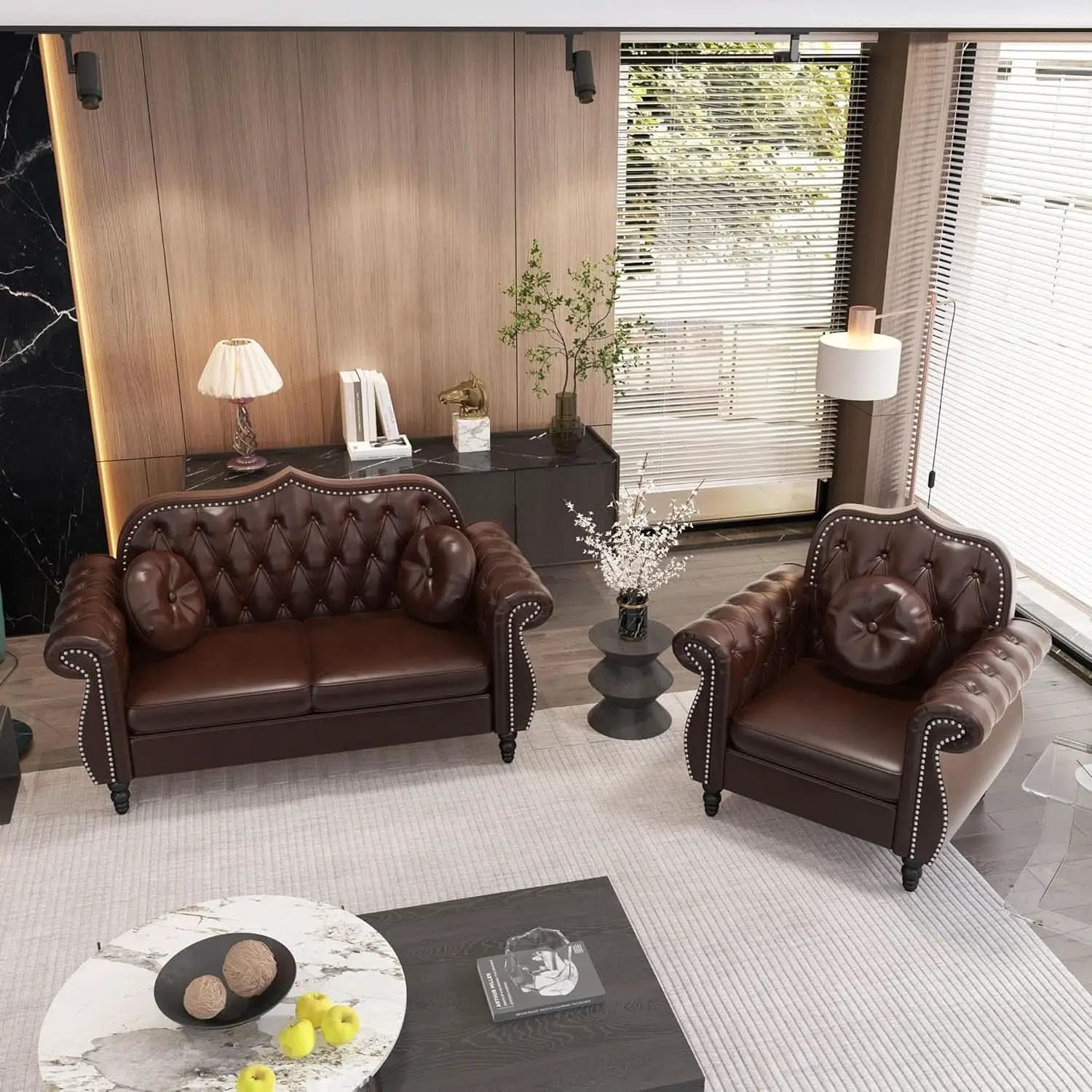 2 Piece Living Room Set Mid-Century Modern Chesterfield Chair Loveseat in Brown PU Leather Edition from PriceLows™