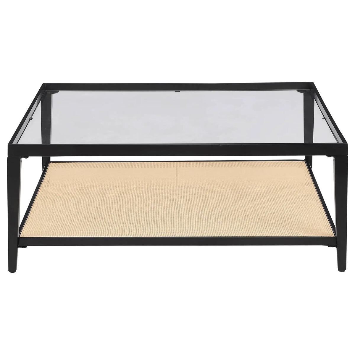 Amherst Glass Top Metal with Cane Shelf Coffee Table | 40 x 40 x 16 in | Rattan & Glass | Black