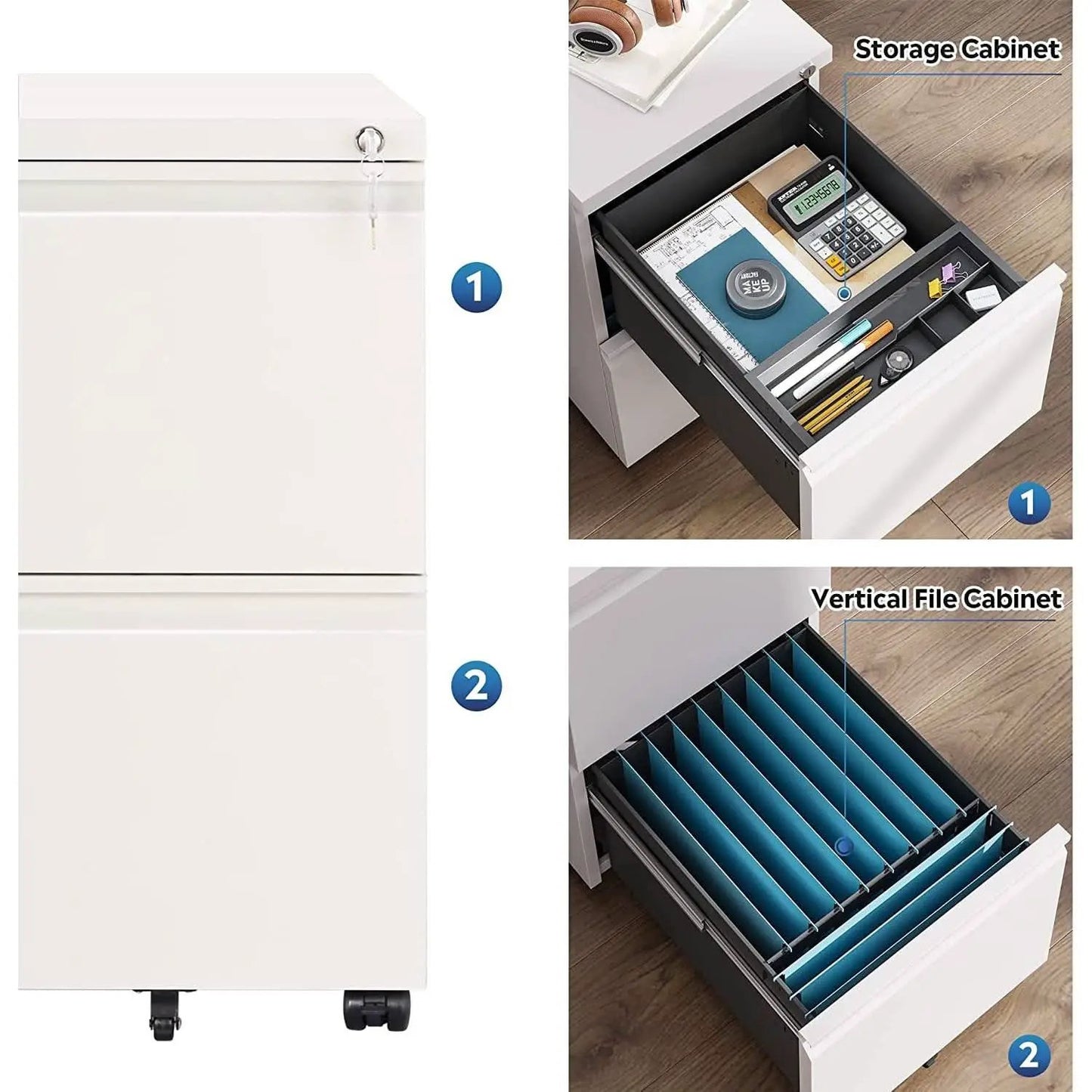 White Lockable File Cabinet With 2 Drawers Under Desk from PriceLows™