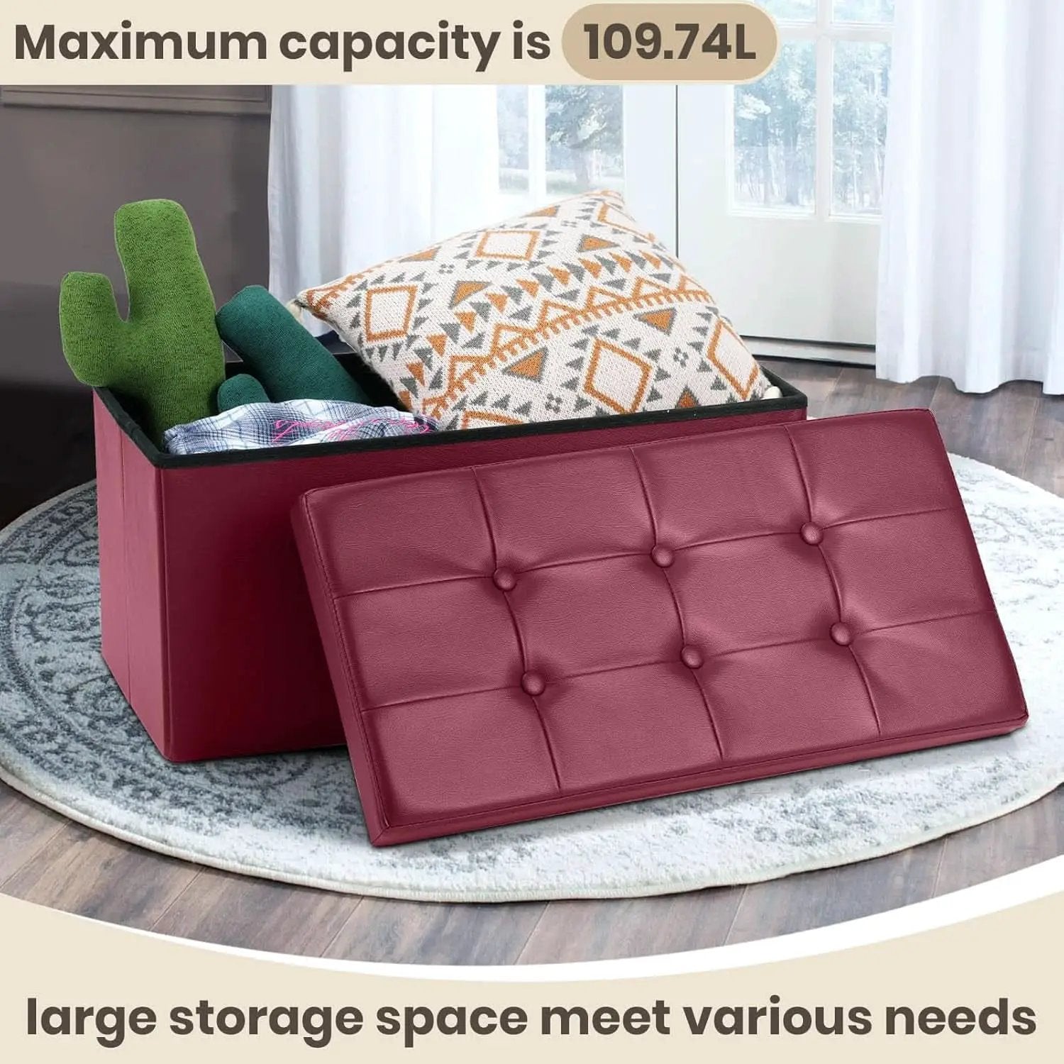 Ottoman Storage Bench 30x15x15 Inches Burgundy Leather from PriceLows™