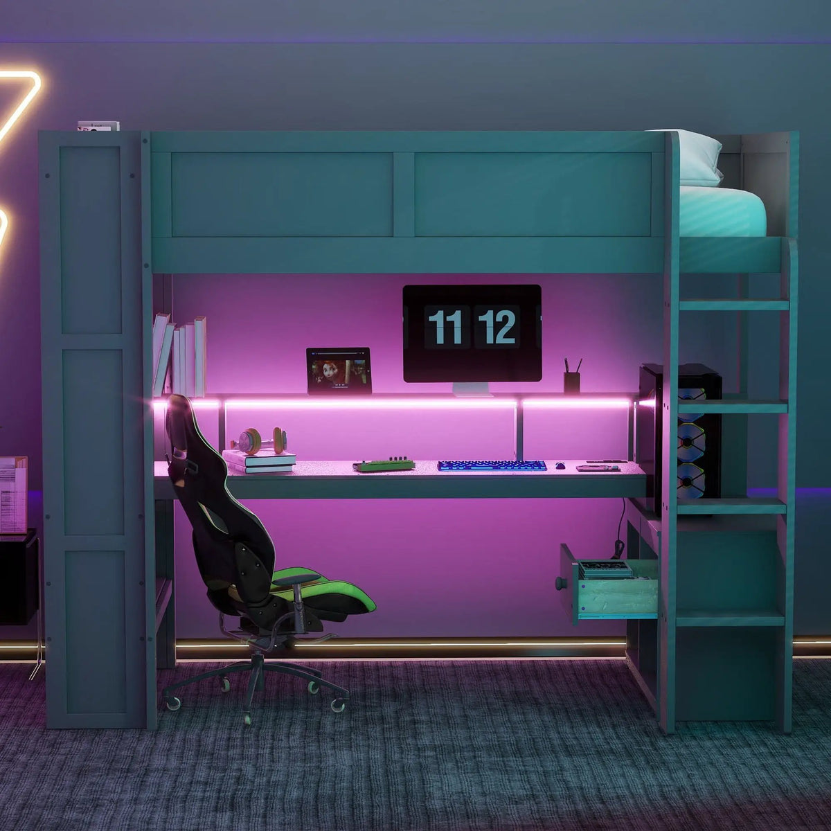 Gaming Loft Bed With Desk | Multi Storage Shelves | LED Lights | Charging Station