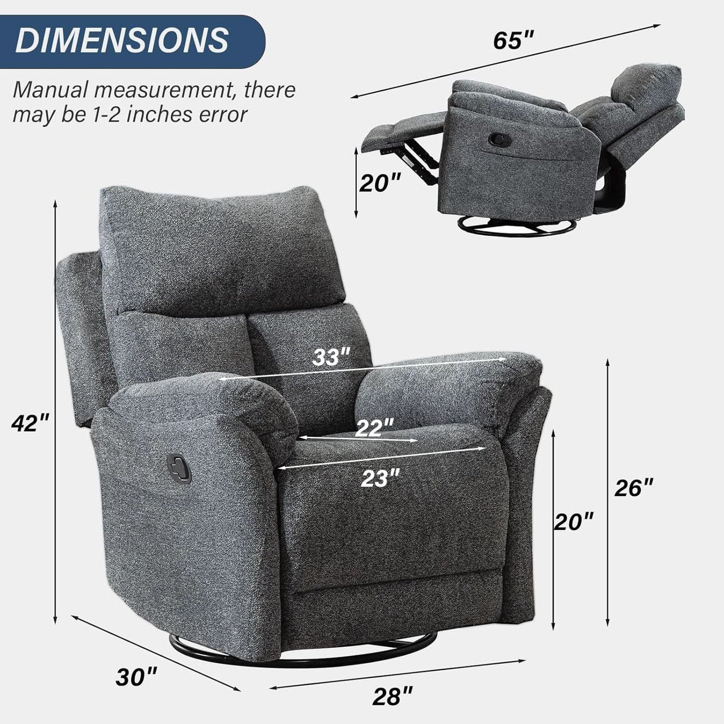 Swivel Rocker Recliner Chair Gray Fabric For Small Spaces from PriceLows™