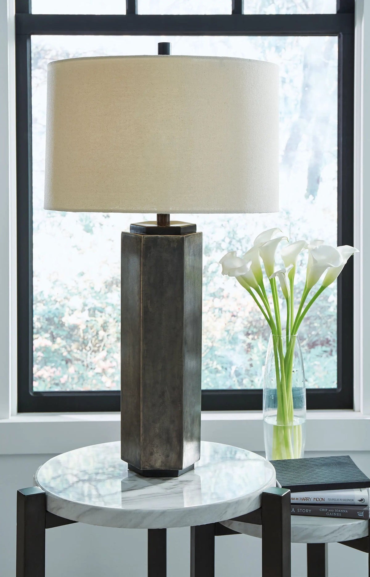 Dirkton Metal Table Lamp | 17.13 x 17.13 x 31.38 in | Fabric & Metal | Antique Pewter Finish