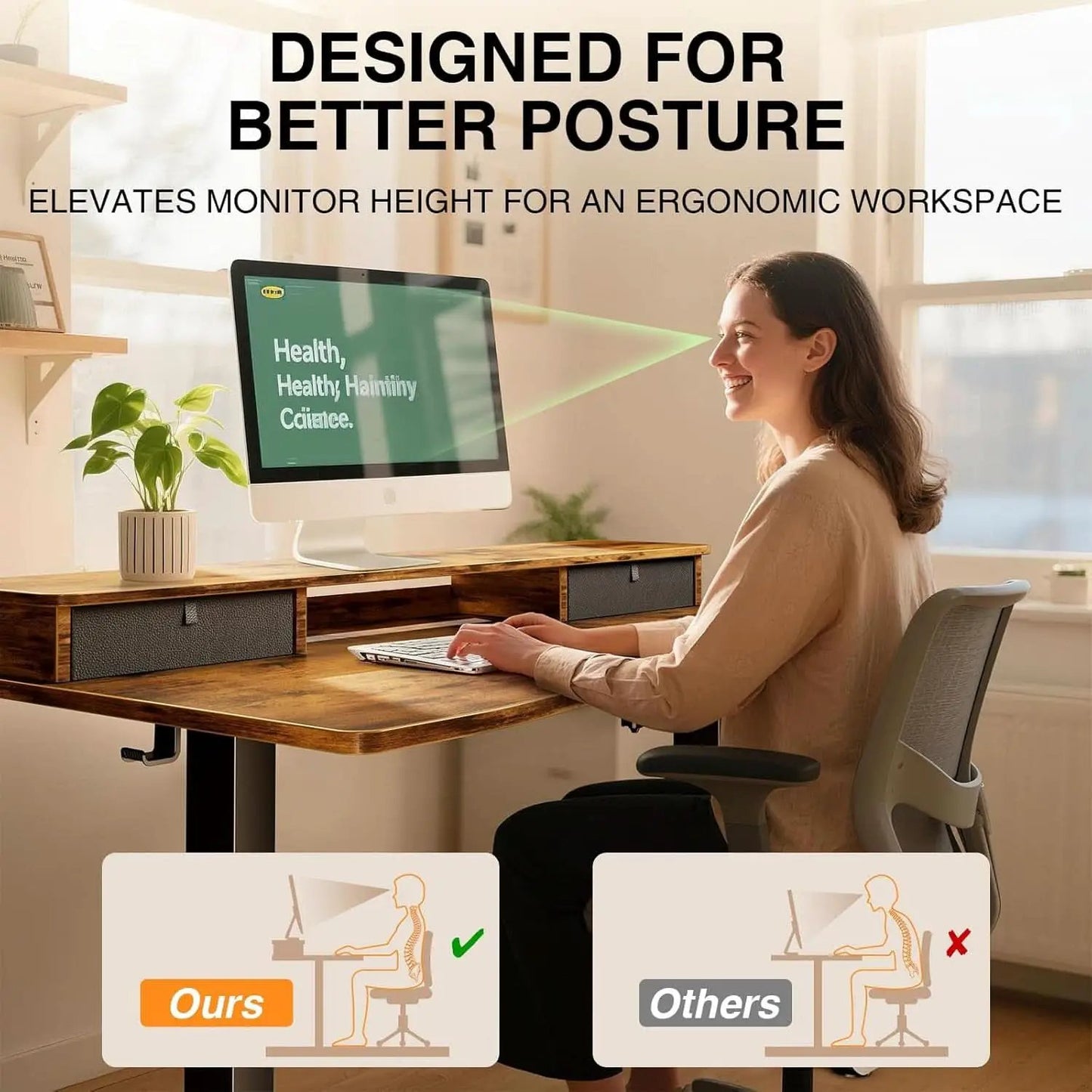 Brown 47.2 Inch Standing Desk Monitor Riser Drawers from PriceLows™