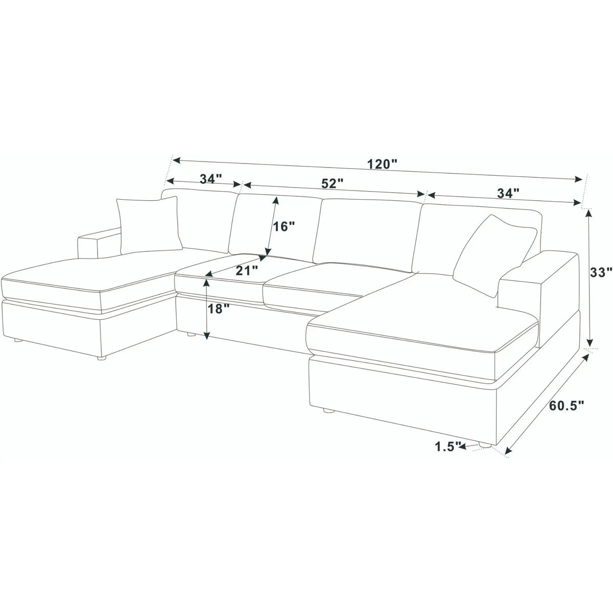 3 Piece Double Chaise Sectional Sofa | Seating For Four | Engineered Wood Frame | 120 Inch Width