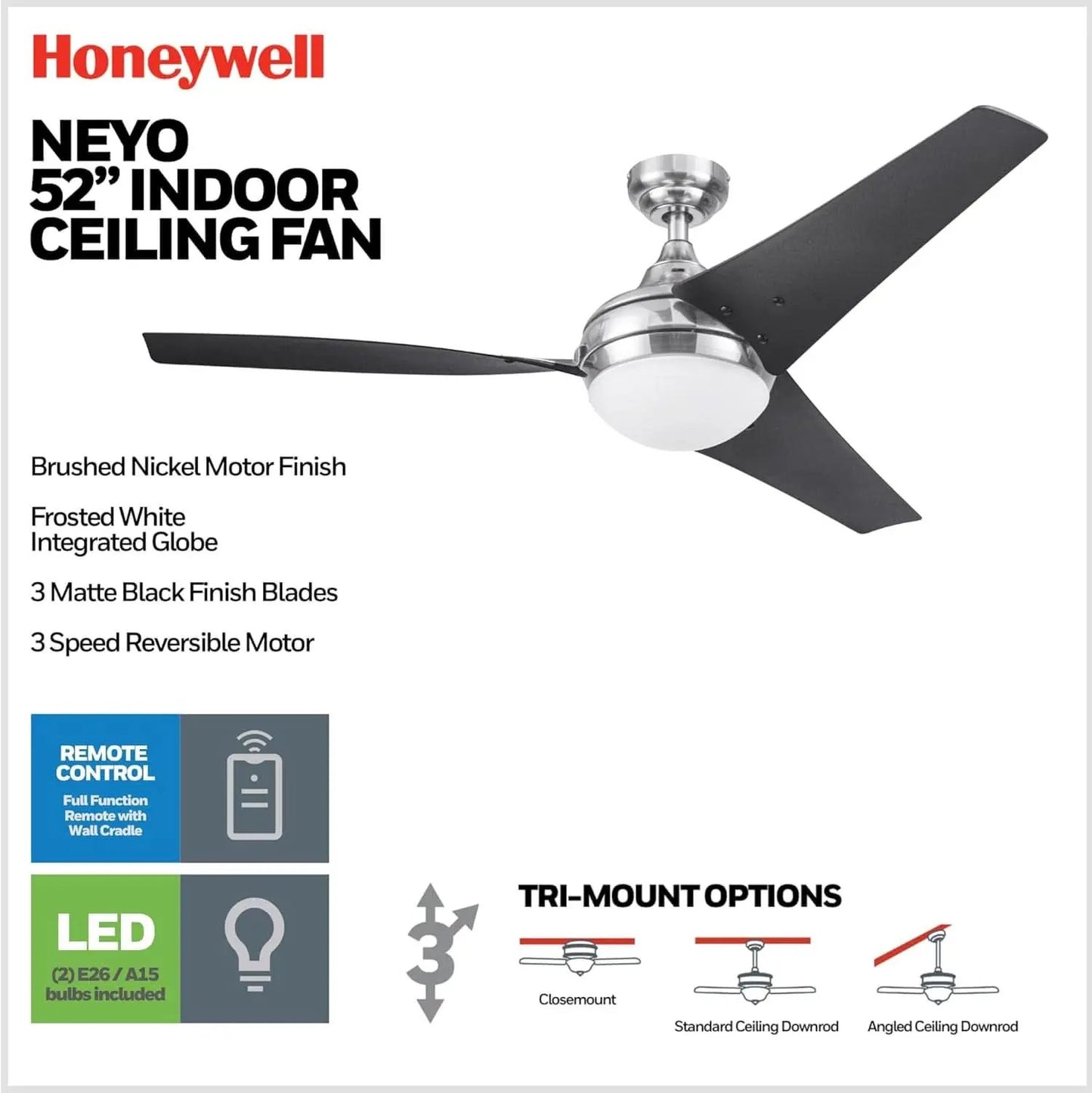 52 Inch Brushed Nickel LED Ceiling Fan With Remote from PriceLows™