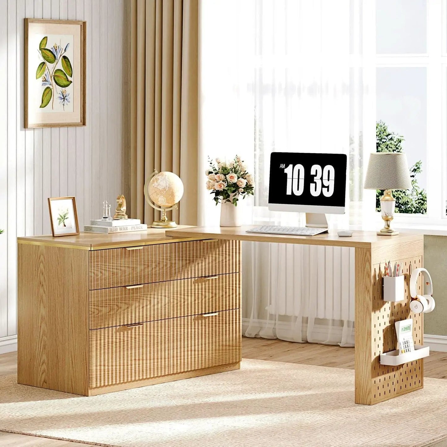 Oak Forty Seven Inch L Shaped Corner Desk With Drawers from PriceLows™