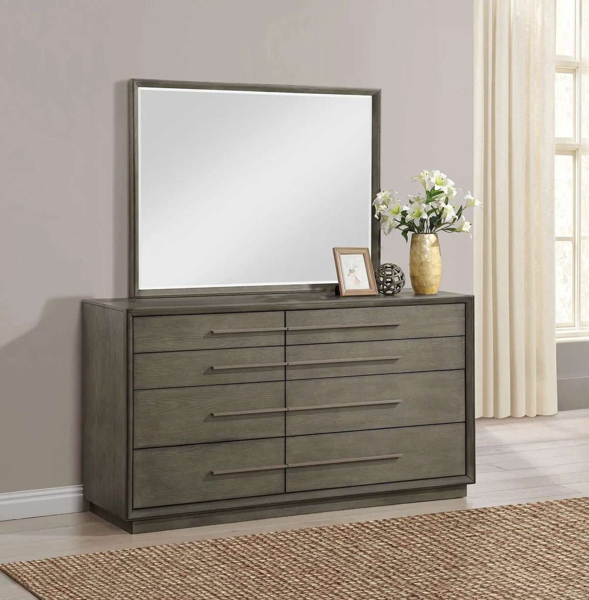 Durango 8-drawer Dresser and Mirror Taupe | 70 x 20 x 78.5 in | Engineered Wood & Metal | Oak